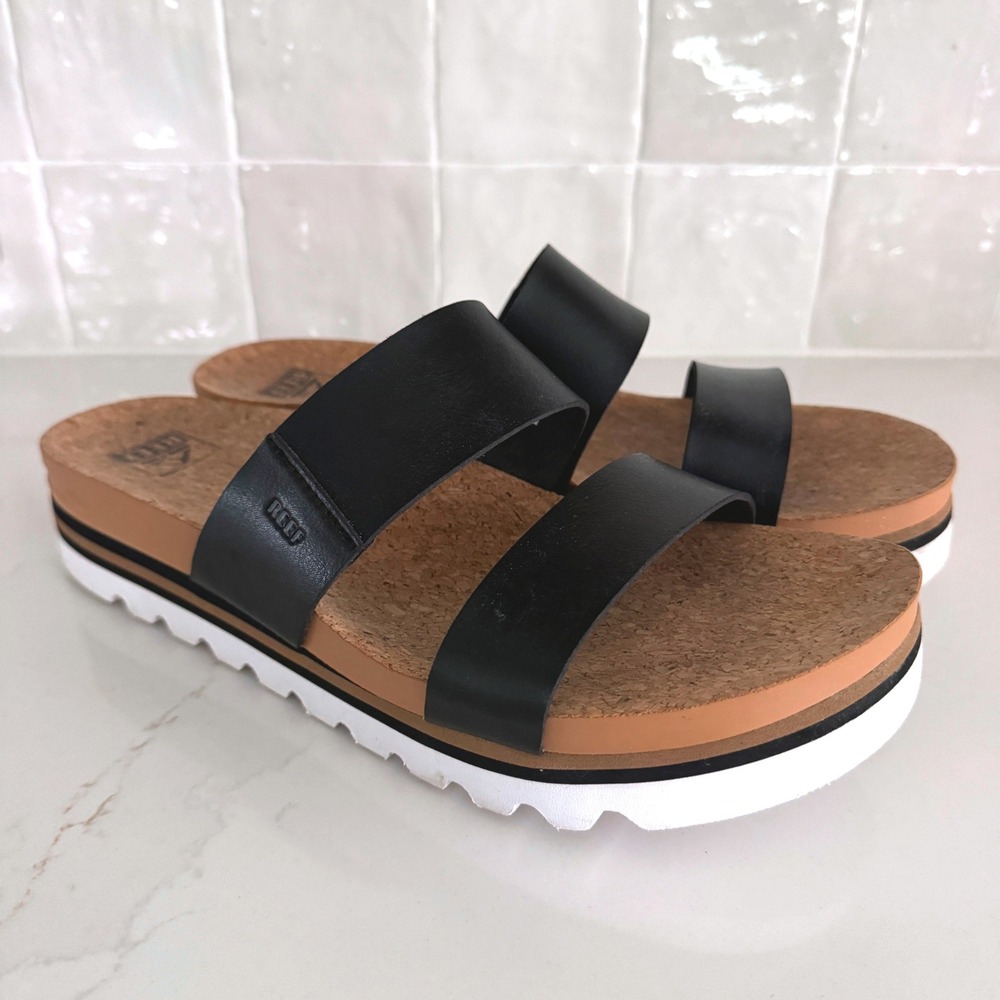 Reef Cushion Vista Hi Sandals Women 11 Black Double Strap Platform Slide Cork
